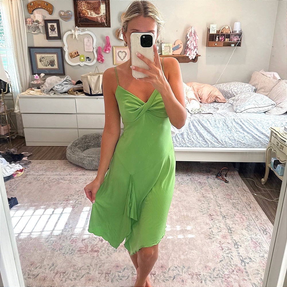 Vintage Michelle Lime Green Twist Front Lettuce Edge Midi Dress Womens Large